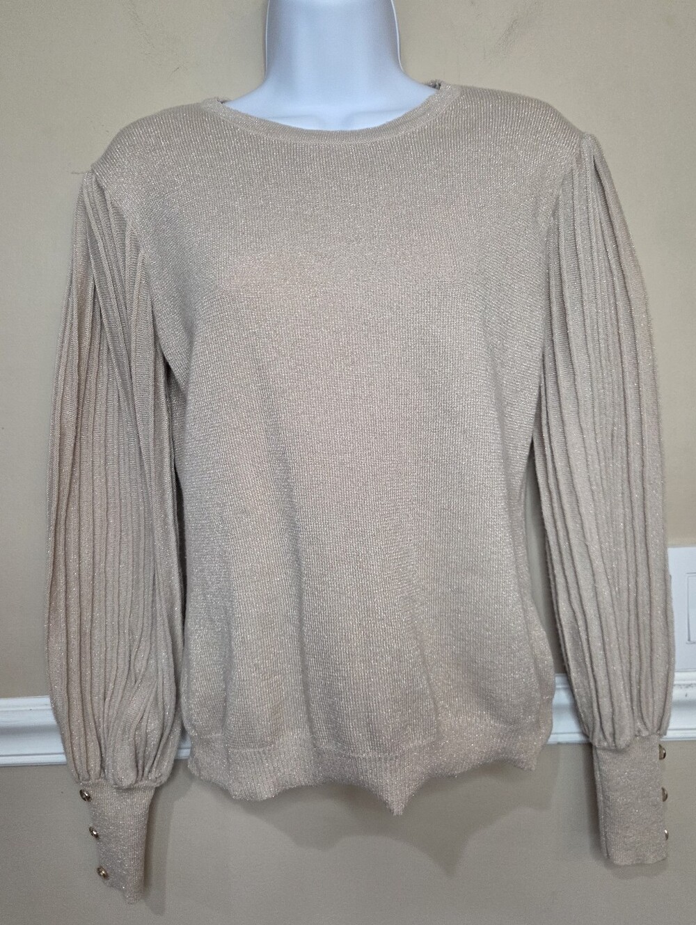 Nanette Lepore Shimmer Taupe Sweater w/ Pleated Sleeves Size M - Picture 5 of 13
